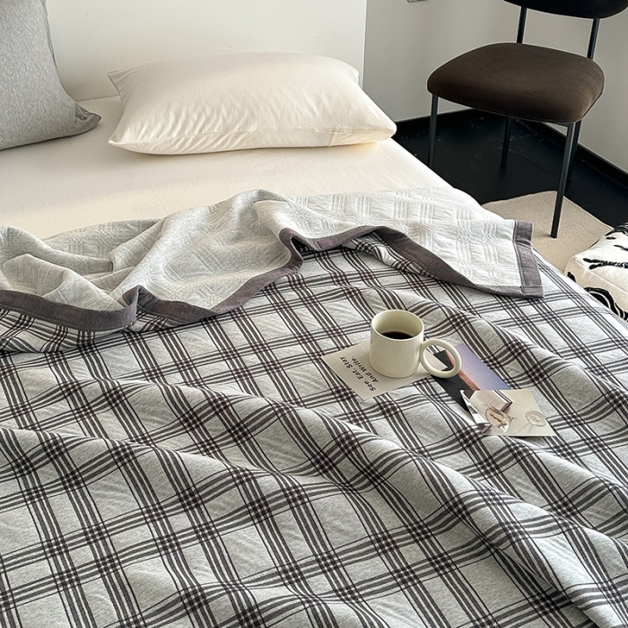 91家纺网 家纺一手货源 找家纺 吾秀  2023 A类色织全棉针织提花盖毯 方格-深灰