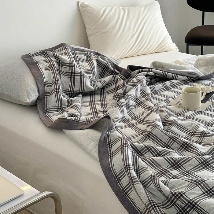 91家纺网 家纺一手货源 找家纺 吾秀  2023 A类色织全棉针织提花盖毯 方格-深灰