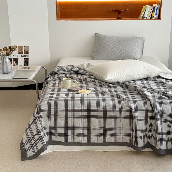 91家纺网 家纺一手货源 找家纺 吾秀  2023 A类色织全棉针织提花盖毯 方格-深灰