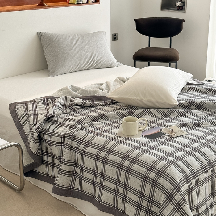 91家纺网 家纺一手货源 找家纺 吾秀  2023 A类色织全棉针织提花盖毯 方格-深灰