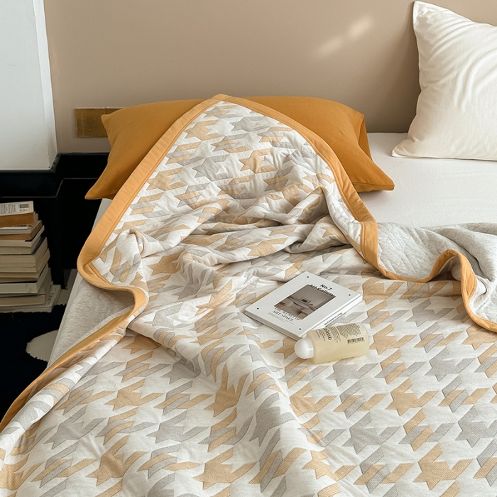 91家纺网 家纺一手货源 找家纺 吾秀  2023 A类色织全棉针织提花盖毯 洛克-黄