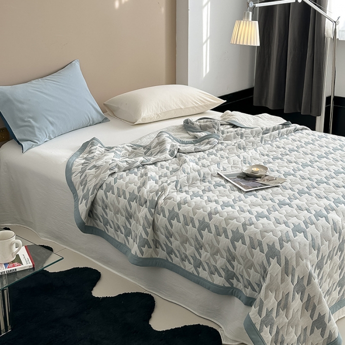 91家纺网 家纺一手货源 找家纺 吾秀  2023 A类色织全棉针织提花盖毯 洛克-蓝