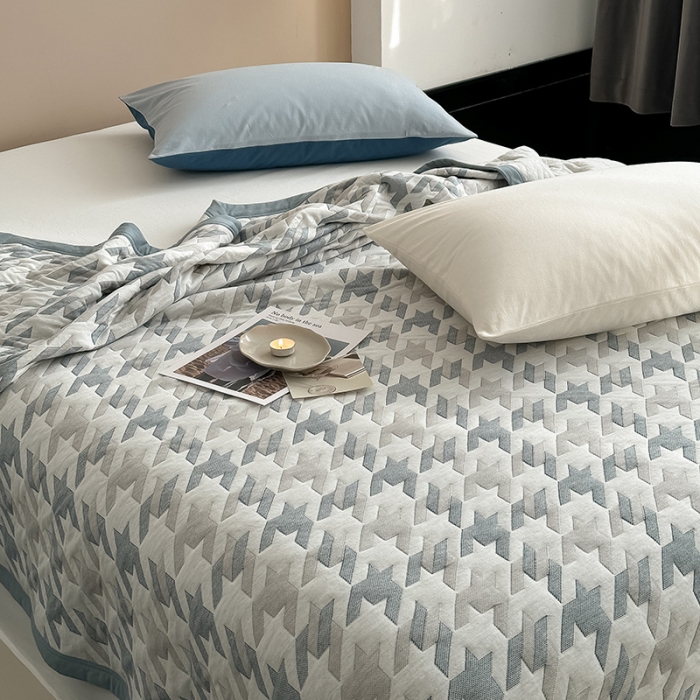 91家纺网 家纺一手货源 找家纺 吾秀  2023 A类色织全棉针织提花盖毯 洛克-蓝