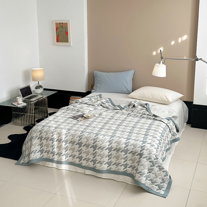 91家纺网 家纺一手货源 找家纺 吾秀  2023 A类色织全棉针织提花盖毯 洛克-蓝