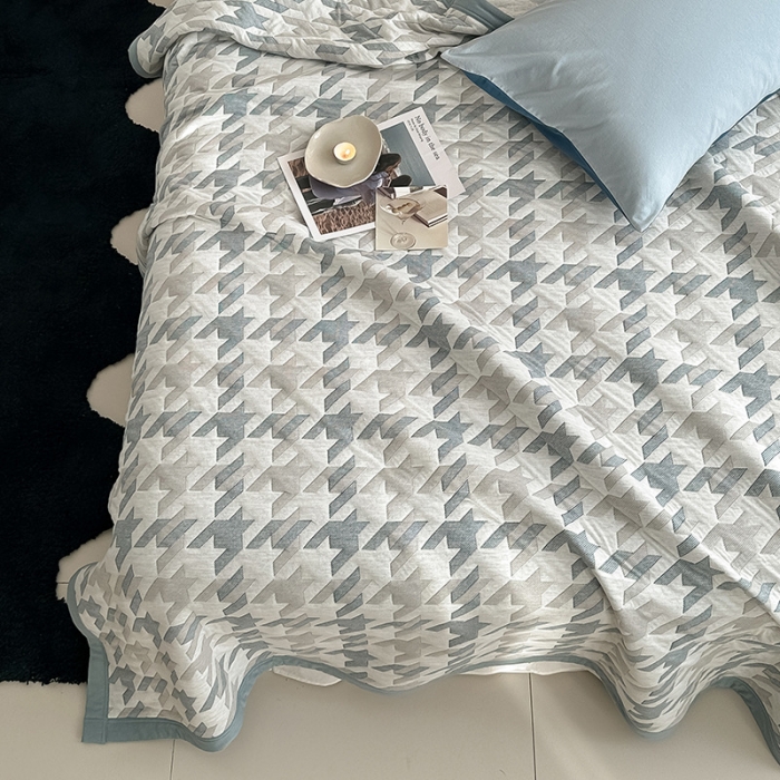 91家纺网 家纺一手货源 找家纺 吾秀  2023 A类色织全棉针织提花盖毯 洛克-蓝