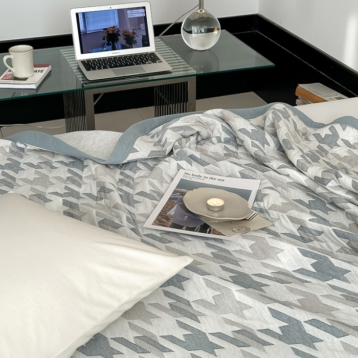 91家纺网 家纺一手货源 找家纺 吾秀  2023 A类色织全棉针织提花盖毯 洛克-蓝