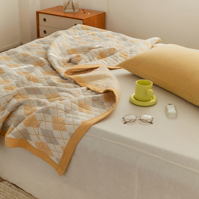 91家纺网 家纺一手货源 找家纺 吾秀  2023 A类色织全棉针织提花盖毯 棋盘格-黄