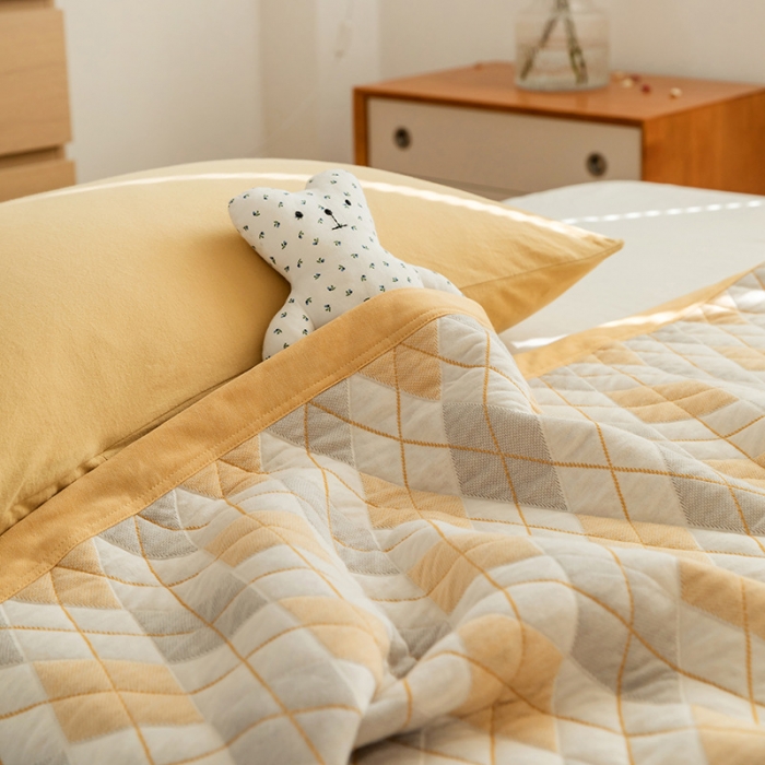 91家纺网 家纺一手货源 找家纺 吾秀  2023 A类色织全棉针织提花盖毯 棋盘格-黄