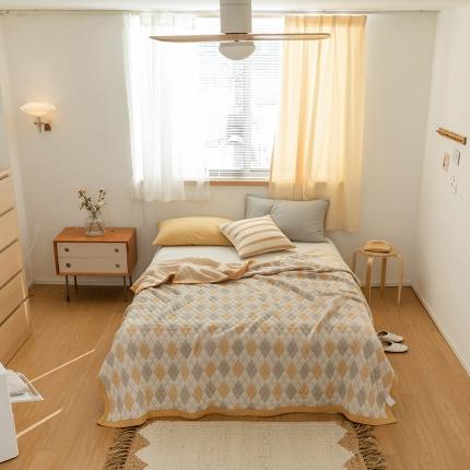 吾秀  2023 A类色织全棉针织提花盖毯 棋盘格-黄