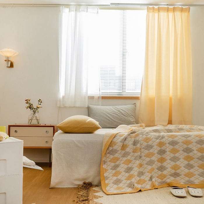 91家纺网 家纺一手货源 找家纺 吾秀  2023 A类色织全棉针织提花盖毯 棋盘格-黄