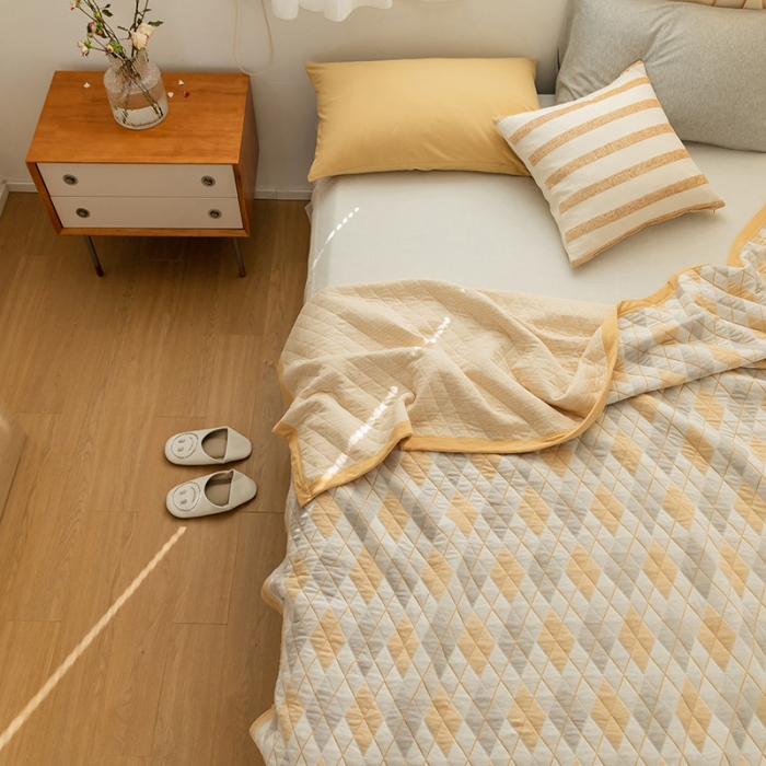 91家纺网 家纺一手货源 找家纺 吾秀  2023 A类色织全棉针织提花盖毯 棋盘格-黄