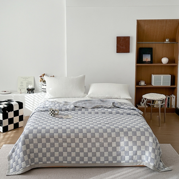 91家纺网 家纺一手货源 找家纺 吾秀  2023 A类色织全棉针织提花盖毯 棋盘格-蓝