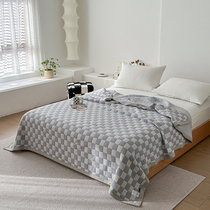 91家纺网 家纺一手货源 找家纺 吾秀  2023 A类色织全棉针织提花盖毯 棋盘格-蓝