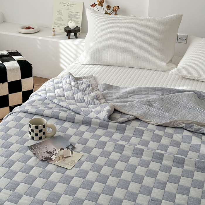 91家纺网 家纺一手货源 找家纺 吾秀  2023 A类色织全棉针织提花盖毯 棋盘格-蓝