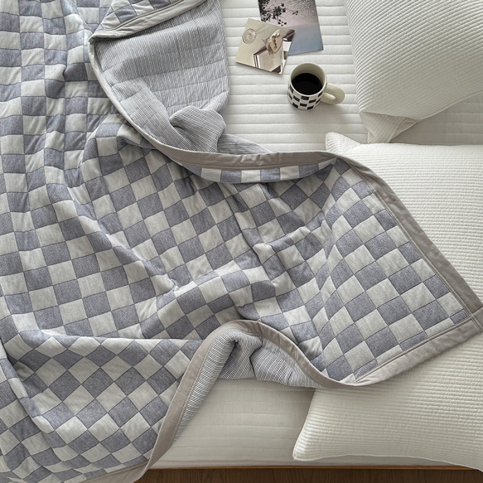 91家纺网 家纺一手货源 找家纺 吾秀  2023 A类色织全棉针织提花盖毯 棋盘格-蓝