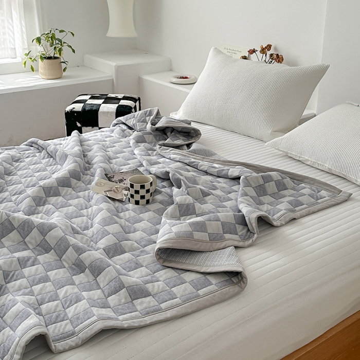 91家纺网 家纺一手货源 找家纺 吾秀  2023 A类色织全棉针织提花盖毯 棋盘格-蓝