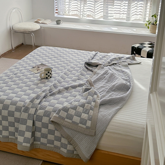 91家纺网 家纺一手货源 找家纺 吾秀  2023 A类色织全棉针织提花盖毯 棋盘格-蓝