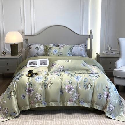 91家纺网 家纺一手货源 找家纺 优悦2023新款印花美式冰丝水洗真丝四件套 静谧-绿