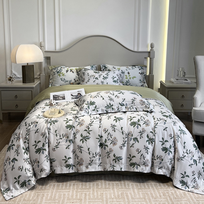 91家纺网 家纺一手货源 找家纺 优悦2023新款印花美式冰丝水洗真丝四件套 花枝