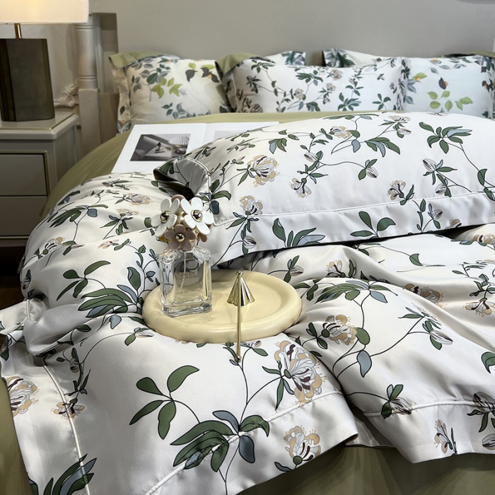 91家纺网 家纺一手货源 找家纺 优悦2023新款印花美式冰丝水洗真丝四件套 花枝