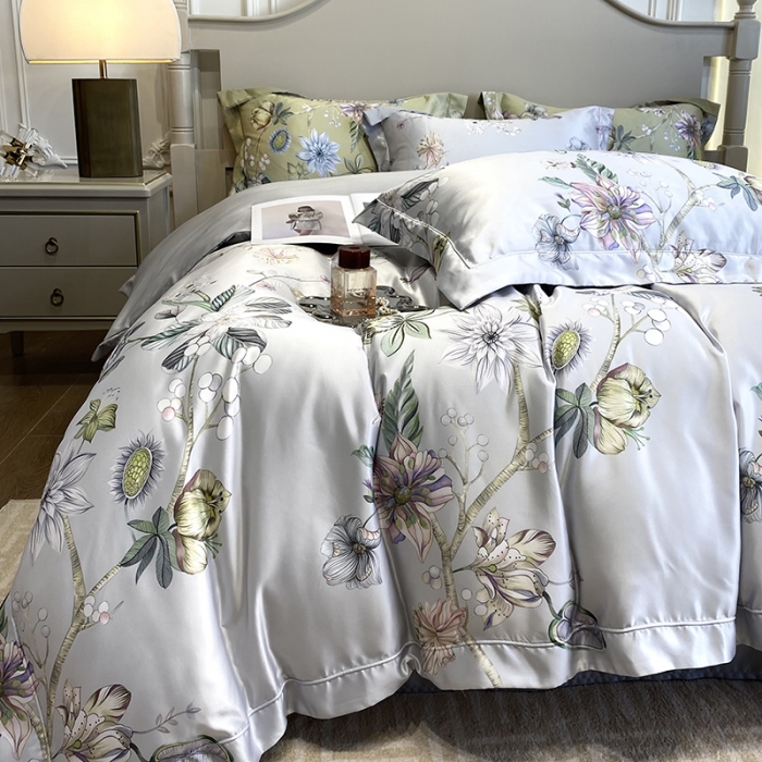 91家纺网 家纺一手货源 找家纺 优悦2023新款印花美式冰丝水洗真丝四件套 静谧-灰