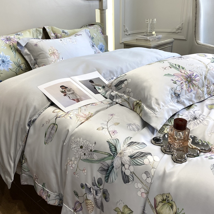 91家纺网 家纺一手货源 找家纺 优悦2023新款印花美式冰丝水洗真丝四件套 静谧-灰