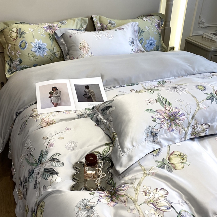 91家纺网 家纺一手货源 找家纺 优悦2023新款印花美式冰丝水洗真丝四件套 静谧-灰