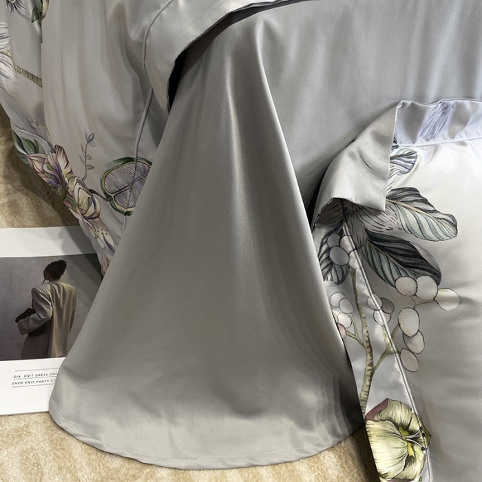 91家纺网 家纺一手货源 找家纺 优悦2023新款印花美式冰丝水洗真丝四件套 静谧-灰