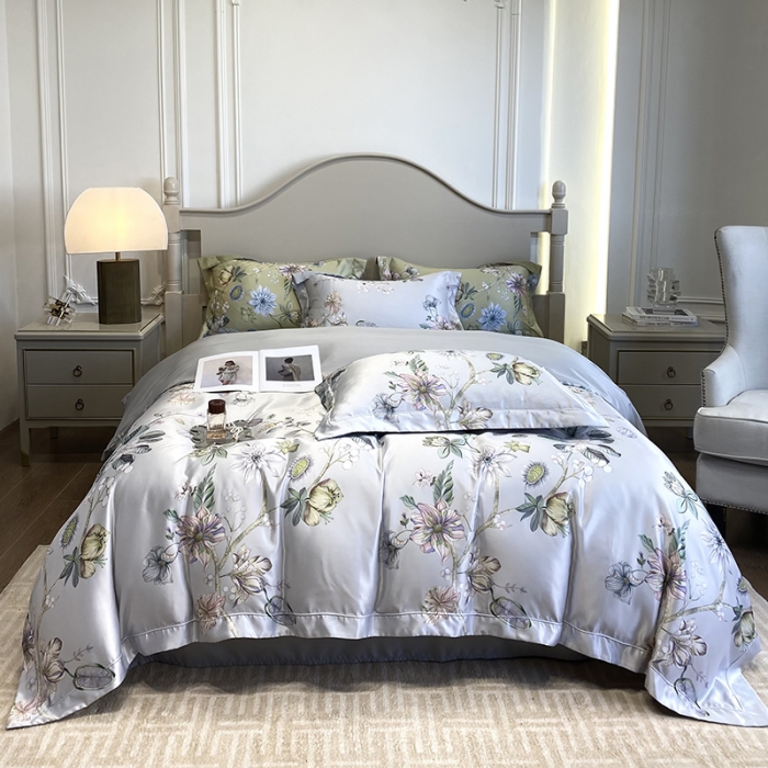 91家纺网 家纺一手货源 找家纺 优悦2023新款印花美式冰丝水洗真丝四件套 静谧-灰