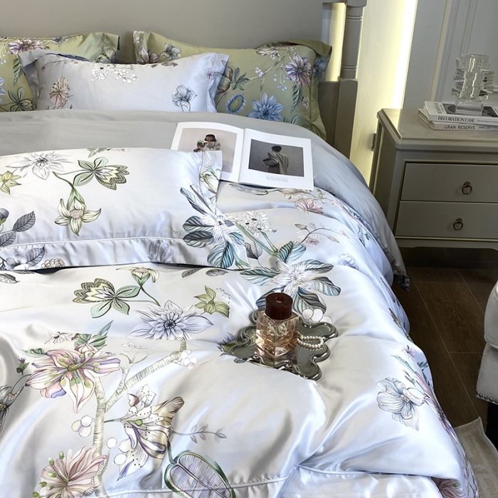 91家纺网 家纺一手货源 找家纺 优悦2023新款印花美式冰丝水洗真丝四件套 静谧-灰