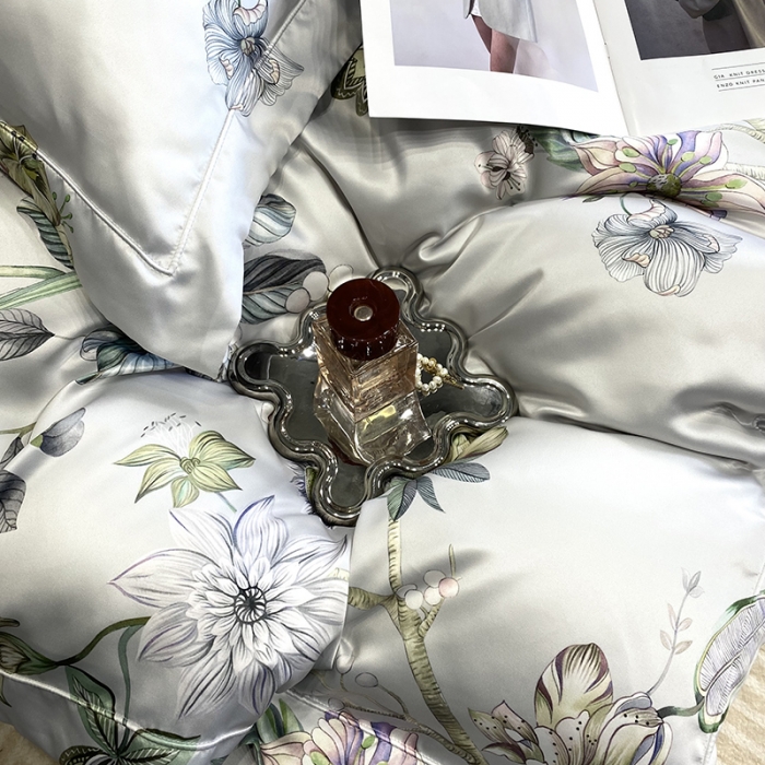 91家纺网 家纺一手货源 找家纺 优悦2023新款印花美式冰丝水洗真丝四件套 静谧-灰