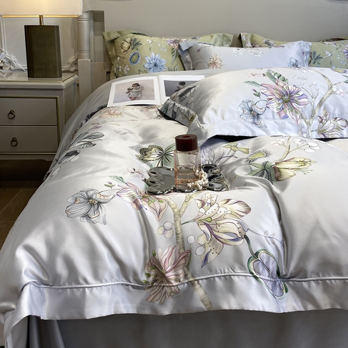 91家纺网 家纺一手货源 找家纺 优悦2023新款印花美式冰丝水洗真丝四件套 静谧-灰