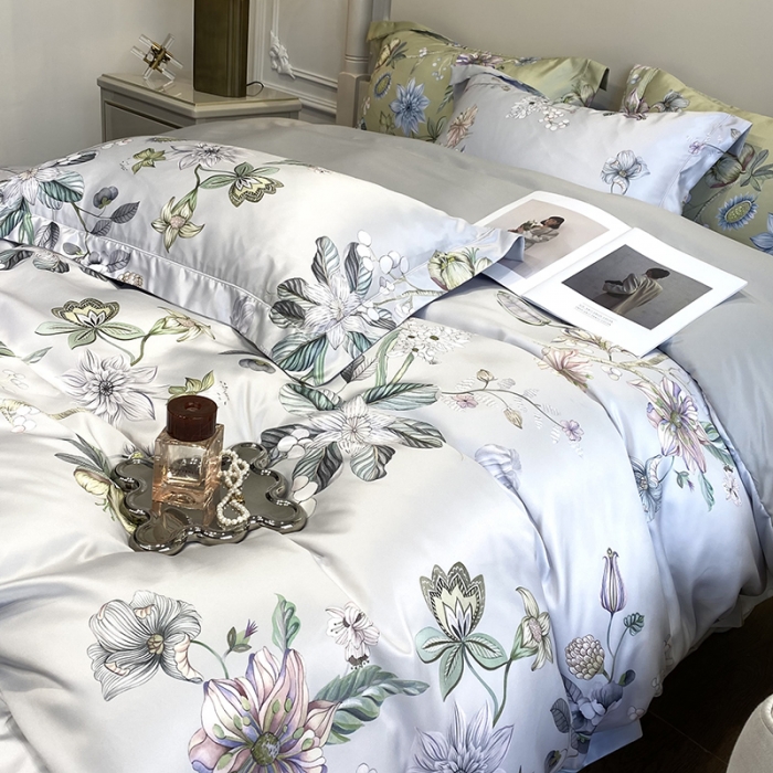 91家纺网 家纺一手货源 找家纺 优悦2023新款印花美式冰丝水洗真丝四件套 静谧-灰