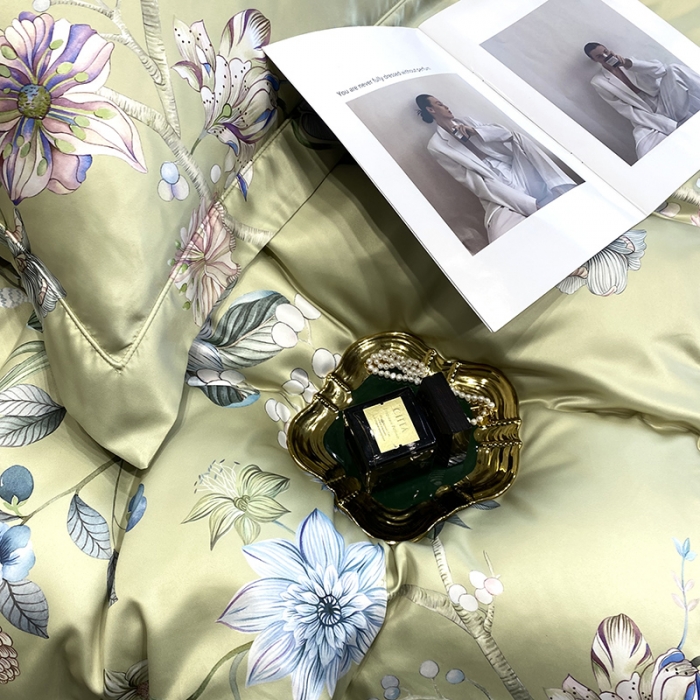 91家纺网 家纺一手货源 找家纺 优悦2023新款印花美式冰丝水洗真丝四件套 静谧-绿