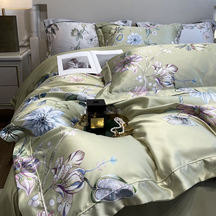 91家纺网 家纺一手货源 找家纺 优悦2023新款印花美式冰丝水洗真丝四件套 静谧-绿