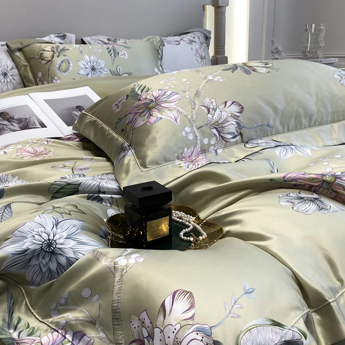 91家纺网 家纺一手货源 找家纺 优悦2023新款印花美式冰丝水洗真丝四件套 静谧-绿