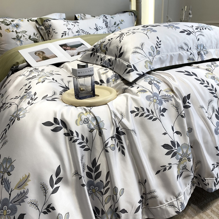 91家纺网 家纺一手货源 找家纺 优悦2023新款印花美式冰丝水洗真丝四件套 绿茵花眠