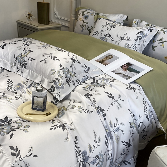 91家纺网 家纺一手货源 找家纺 优悦2023新款印花美式冰丝水洗真丝四件套 绿茵花眠