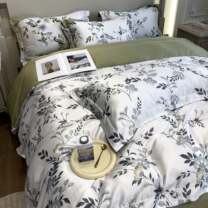 91家纺网 家纺一手货源 找家纺 优悦2023新款印花美式冰丝水洗真丝四件套 绿茵花眠