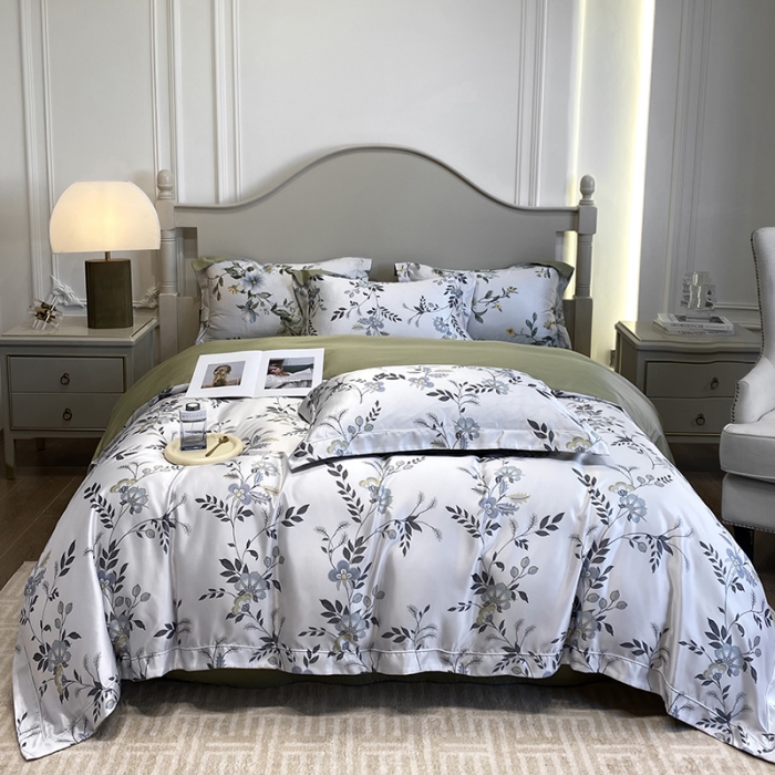 91家纺网 家纺一手货源 找家纺 优悦2023新款印花美式冰丝水洗真丝四件套 绿茵花眠