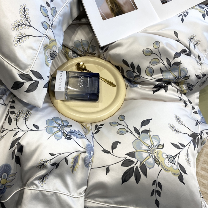 91家纺网 家纺一手货源 找家纺 优悦2023新款印花美式冰丝水洗真丝四件套 绿茵花眠