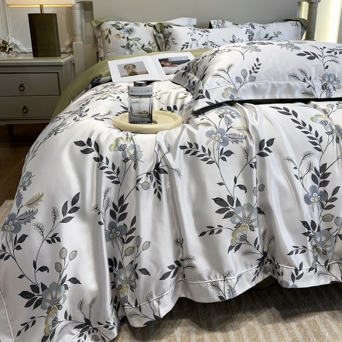 91家纺网 家纺一手货源 找家纺 优悦2023新款印花美式冰丝水洗真丝四件套 绿茵花眠