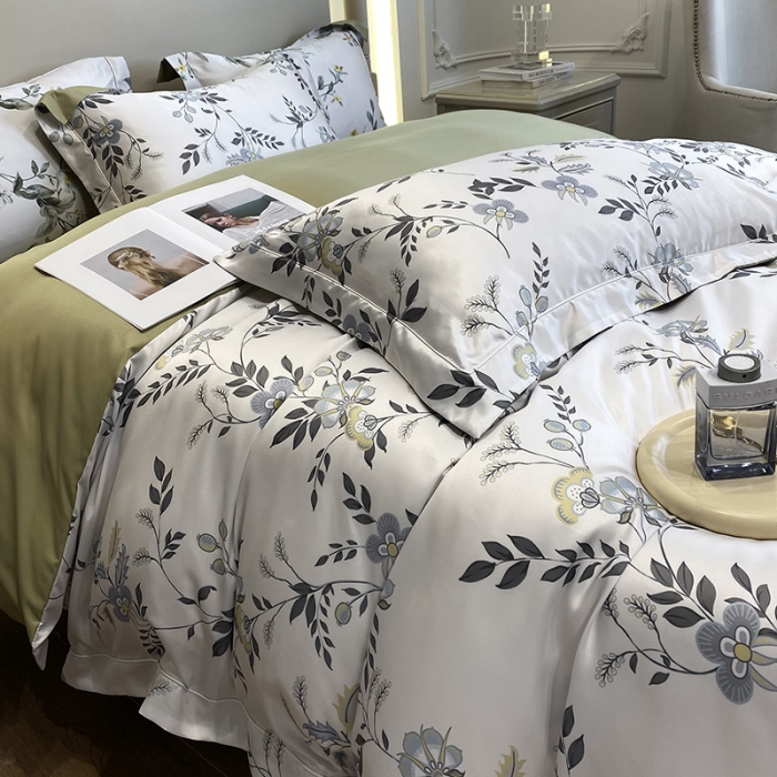 91家纺网 家纺一手货源 找家纺 优悦2023新款印花美式冰丝水洗真丝四件套 绿茵花眠