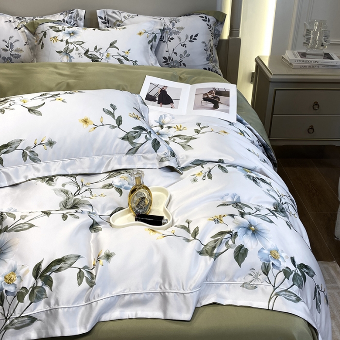 91家纺网 家纺一手货源 找家纺 优悦2023新款印花美式冰丝水洗真丝四件套 曼姿花香