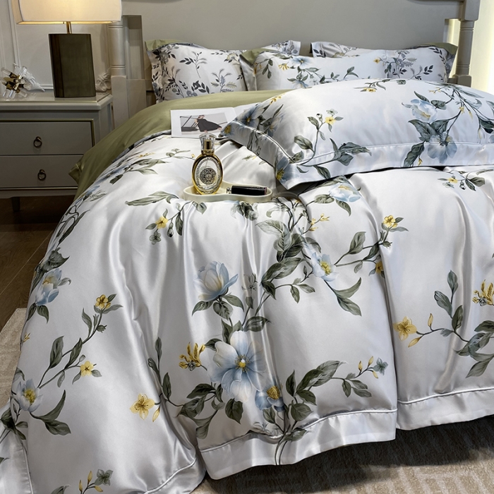 91家纺网 家纺一手货源 找家纺 优悦2023新款印花美式冰丝水洗真丝四件套 曼姿花香