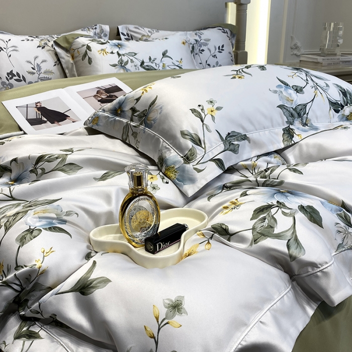 91家纺网 家纺一手货源 找家纺 优悦2023新款印花美式冰丝水洗真丝四件套 曼姿花香