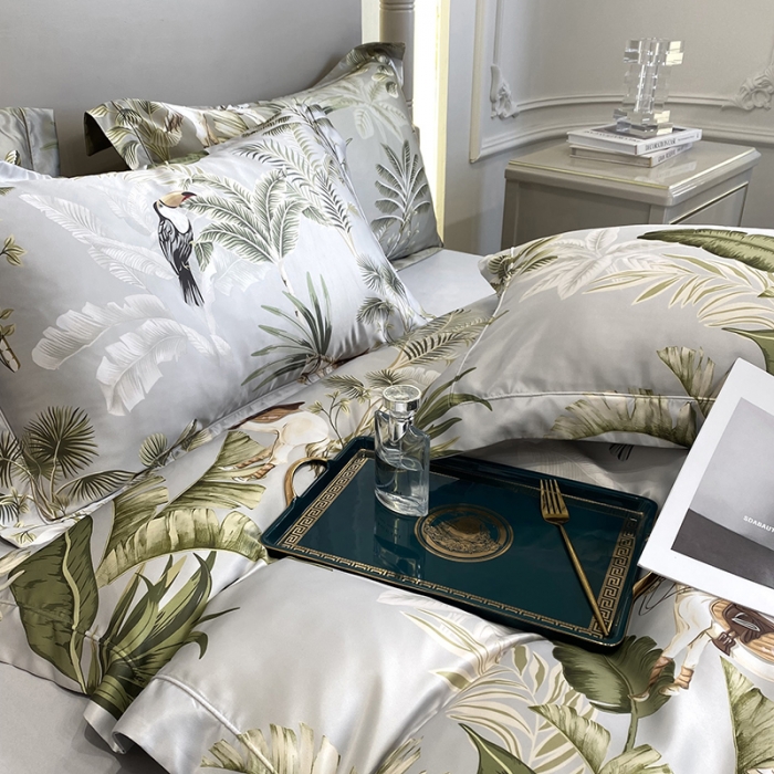 91家纺网 家纺一手货源 找家纺 优悦2023新款印花美式冰丝水洗真丝四件套 美式丛林-灰