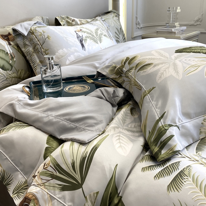 91家纺网 家纺一手货源 找家纺 优悦2023新款印花美式冰丝水洗真丝四件套 美式丛林-灰