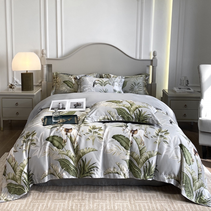 91家纺网 家纺一手货源 找家纺 优悦2023新款印花美式冰丝水洗真丝四件套 美式丛林-灰