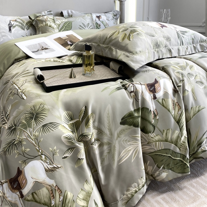 91家纺网 家纺一手货源 找家纺 优悦2023新款印花美式冰丝水洗真丝四件套 美式丛林-绿